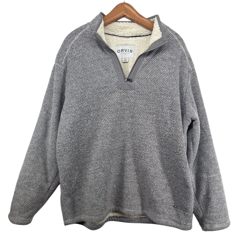 Orvis Men Popover Sweater Sz XL Gray 1/4-Zip Sherpa-Lined Outdoorsy Classic Cozy